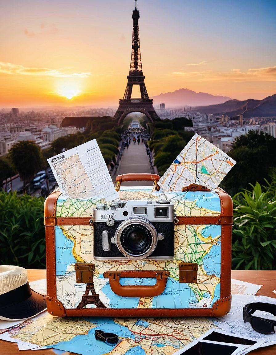 A vibrant travel scene depicting a packed suitcase with essential travel gear fanned out, against a backdrop of famous landmarks like the Eiffel Tower and the Great Wall of China. A hand-drawn map with colorful pins marking various destinations should be integrated into the composition. Sunsets and palm trees in the distance to evoke the feeling of adventure. whimsical illustration. bright colors.
