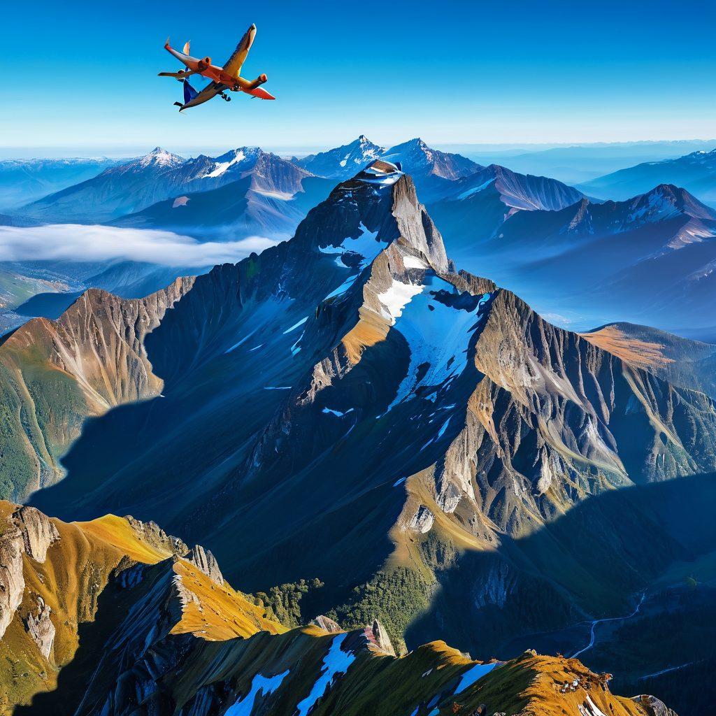 A scenic aerial view of a majestic mountain range with a clear blue sky, featuring an airplane soaring gracefully above. Below, a diverse group of travelers excitedly examining maps, backpacks by their side, ready for adventure. Include bright, cheerful colors to evoke excitement and a sense of exploration. The composition should inspire wanderlust and depict a journey about to begin. vibrant colors. 3D. super-realistic.